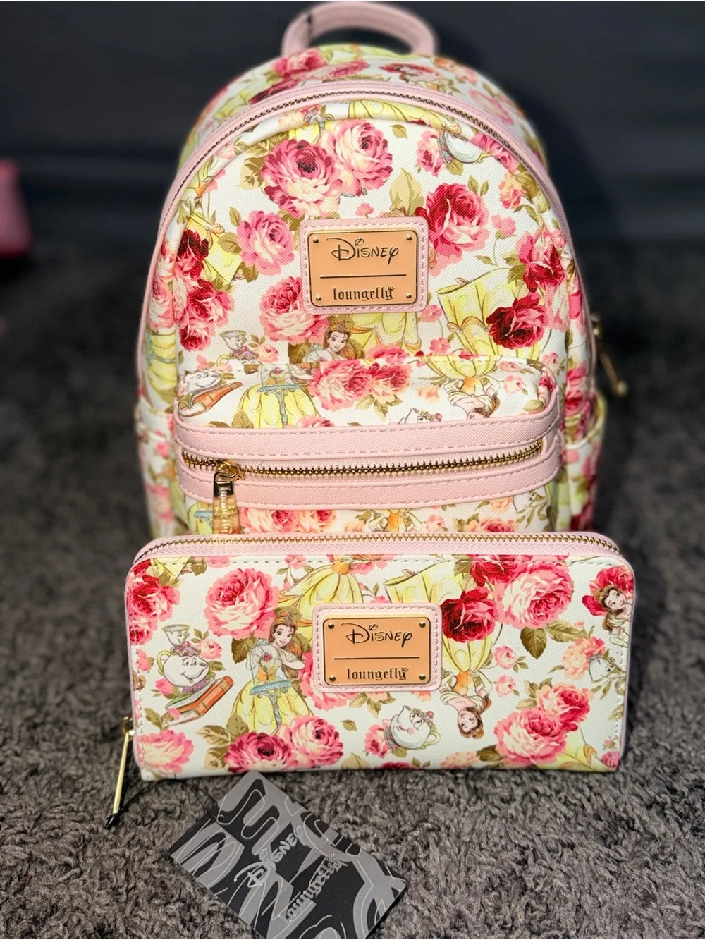 Loungefly Pink Floral Belle Kids Backpack and Wallet Set